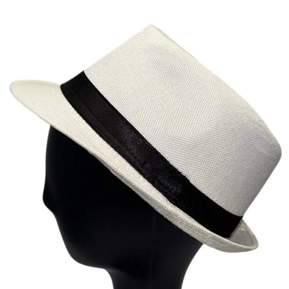 White Trilby Fedora Hat 22" Panama Style 1920s Inspired Black Band Polyester - Picture 4 of 7